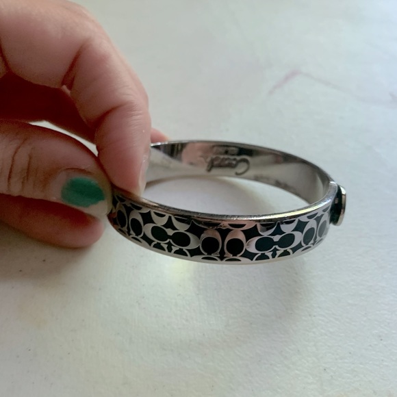 Coach Quilted Silver Black Hinged Metal Bracelet Bangle Enamel Jewelry Designer - Picture 1 of 5